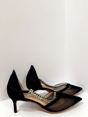 Black Mesh Crystal Kitten Heels Pointed Toe D'Orsay Pumps